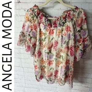 Angela Moda 100% Italian Silk Bell Sleeved Floral Top